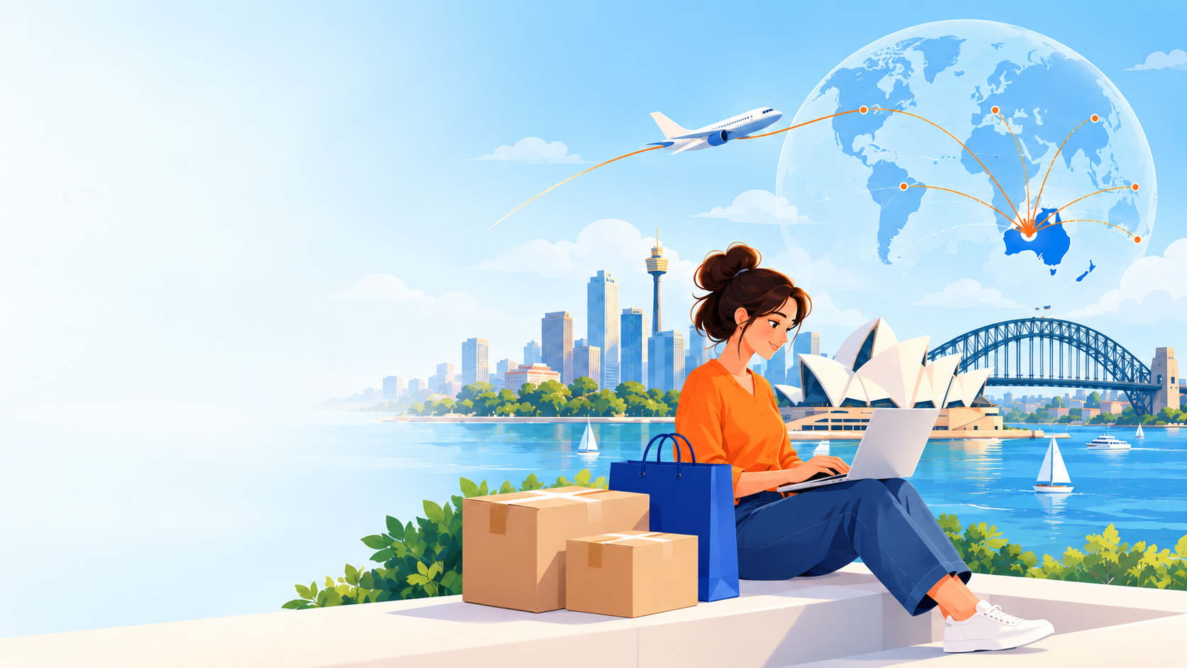 An illustrated shopper with parcels beside Sydney Harbour, with international delivery routes connecting Australia to the world.