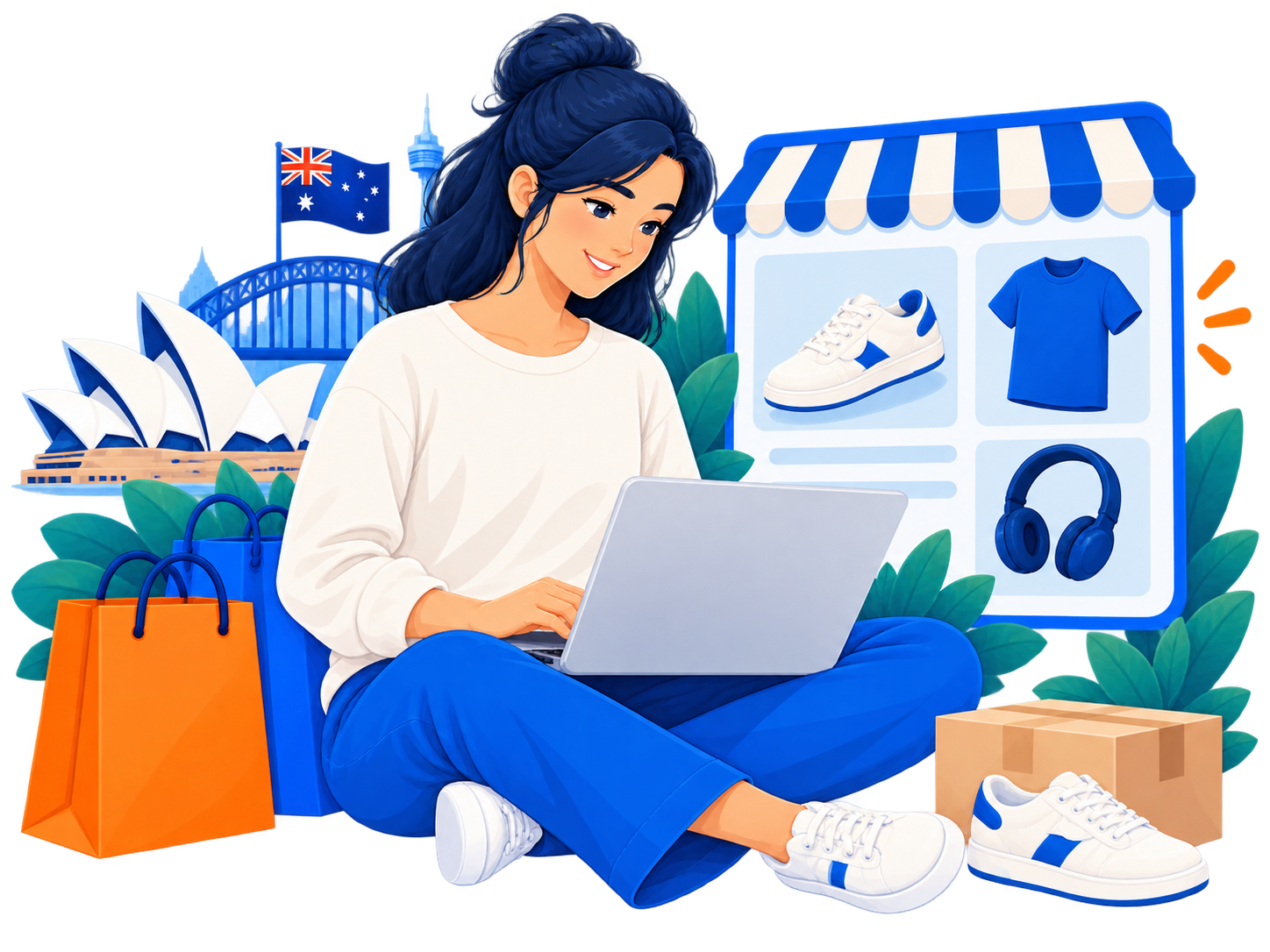 The same shopper browsing Australian products, with shopping bags and a simple store display.