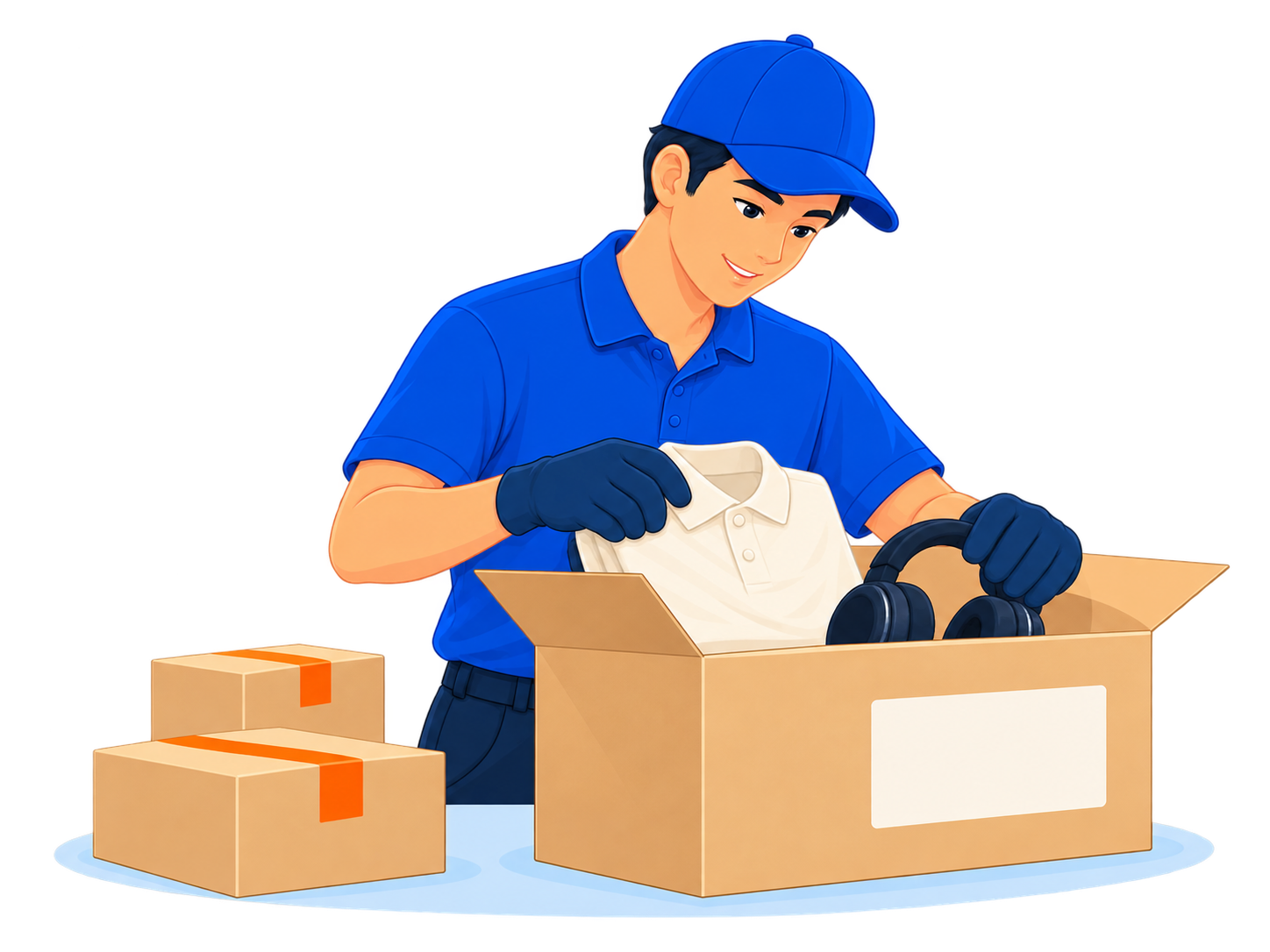 An AusShip warehouse worker packing several purchases into one parcel.