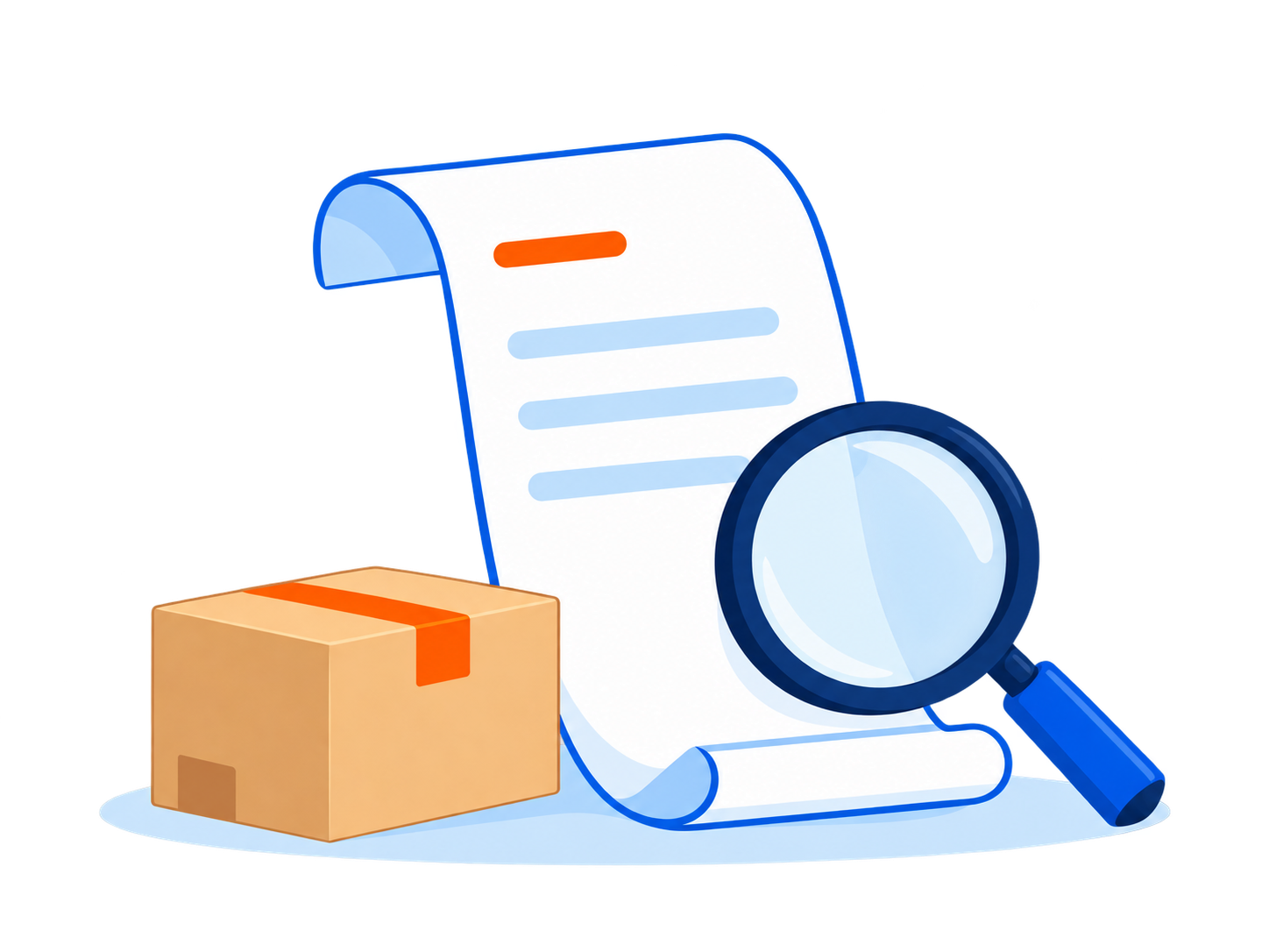 A simple receipt and magnifying glass beside a parcel, illustrating a clear cost breakdown.