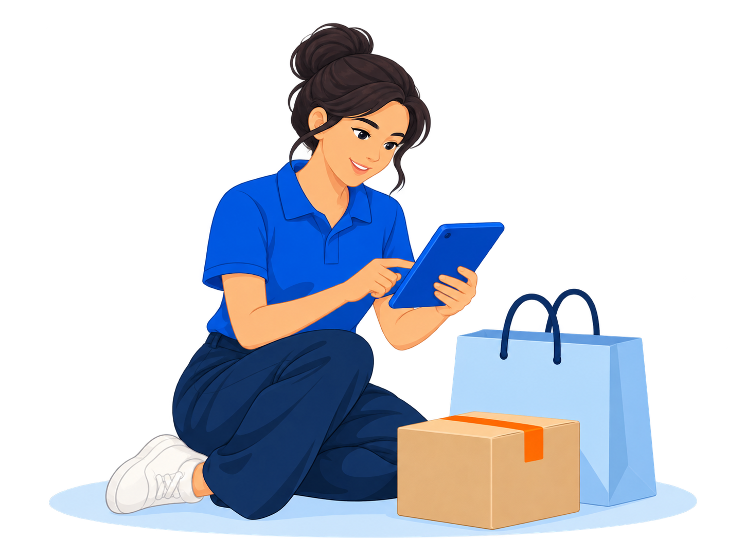 An AusShip assistant holding a tablet beside a shopping bag and parcel.