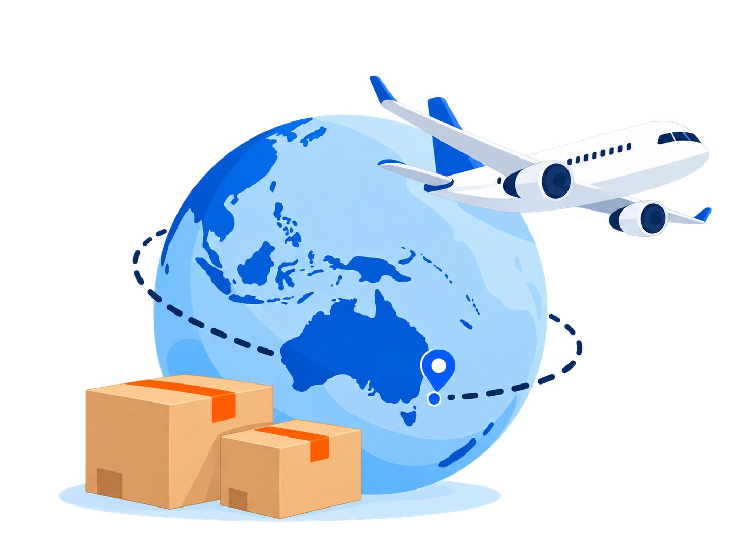 A globe, aircraft and parcels connected by a subtle international delivery route.