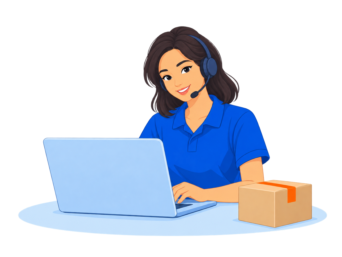 An AusShip support agent wearing a headset behind a laptop with a parcel beside her.